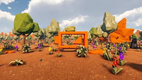 3D Render low Polygon background with natural landscape scenery and orange .. Stock Illustration