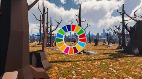 3D Render low Polygon background with natural landscape scenery and SDG Wheel Stock Illustration