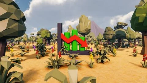 3D Render low Polygon background with natural landscape scenery and decay cha Stock Illustration