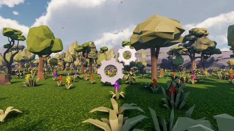 3D Render low Polygon background with natural landscape scenery and gearing 스톡 일러스트