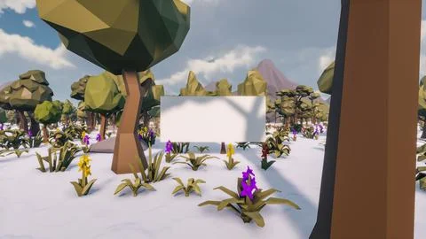 3D Render low Polygon background with natural landscape scenery and blank can Stock Illustration