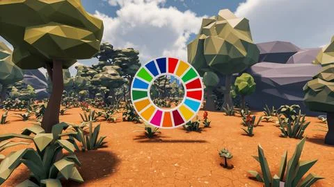 3D Render low Polygon background with natural landscape scenery and SDG Wheel Stock Illustration