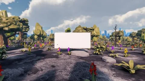 3D Render low Polygon background with natural landscape scenery and blank can Illustrazione stock