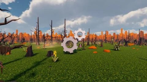 3D Render low Polygon background with natural landscape scenery and gearing Stock Illustration