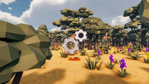 3D Render low Polygon background with natural landscape scenery and gearing Illustrazione stock