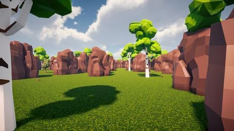 3D Render low Polygon forest and rock environment background Stock Illustration