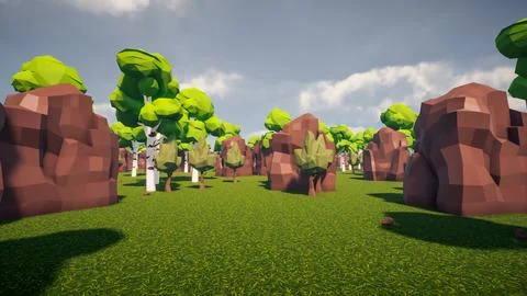 3D Render low Polygon forest and rock environment background Stock Illustration