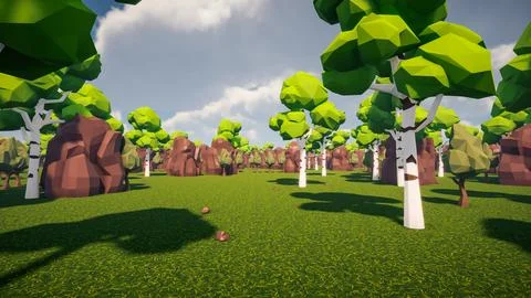 3D Render low Polygon forest and rock environment background Stock Illustration