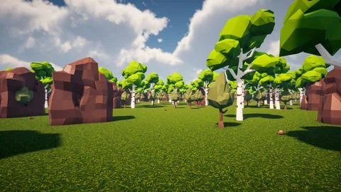 3D Render low Polygon forest and rock environment background Stock Illustration