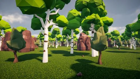 3D Render low Polygon forest and rock environment background Stock Illustration