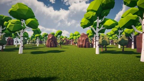 3D Render low Polygon forest and rock environment background Stock Illustration