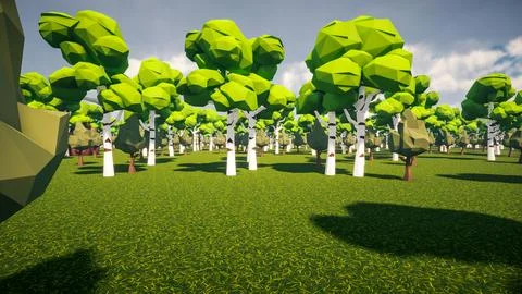 3D Render low Polygon forest and rock environment background Stock Illustration