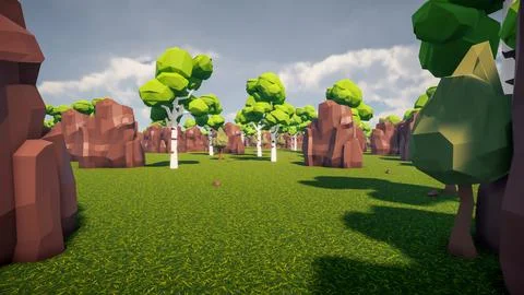3D Render low Polygon forest and rock environment background Stock Illustration