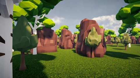 3D Render low Polygon forest and rock environment background Stock Illustration