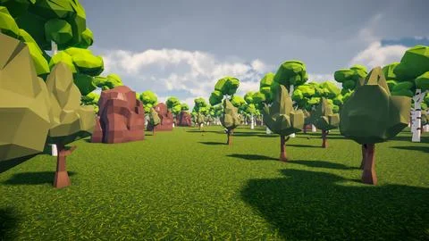 3D Render low Polygon forest and rock environment background Stock Illustration