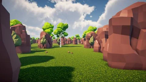 3D Render low Polygon forest and rock environment background Stock Illustration