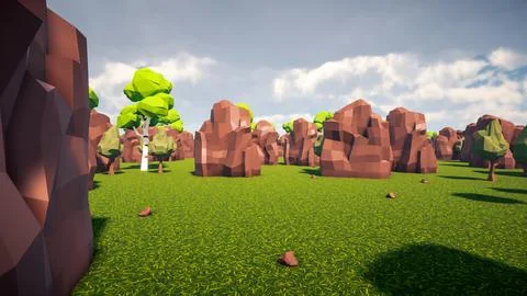 3D Render low Polygon forest and rock environment background Stock Illustration