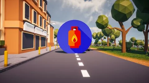 3D Render low Polygon gaz icon in center with environment in background Stock Illustration