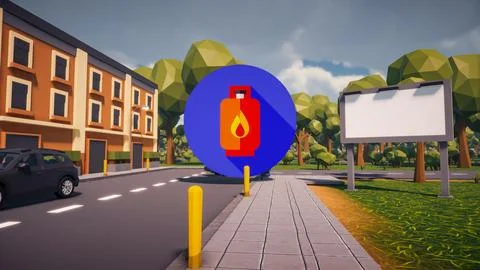 3D Render low Polygon gaz icon in center with environment in background Stock Illustration