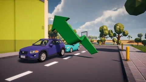 3D Render low Polygon a green arrow for showing a direction with environmen.. Illustrazione stock