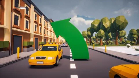3D Render low Polygon a green arrow for showing a direction with environmen.. Illustrazione stock