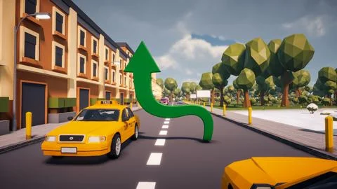 3D Render low Polygon a green arrow for showing a direction with environmen.. Illustrazione stock