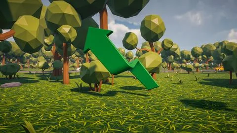 3D Render low Polygon a green arrow for showing a direction with environmen.. Illustrazione stock