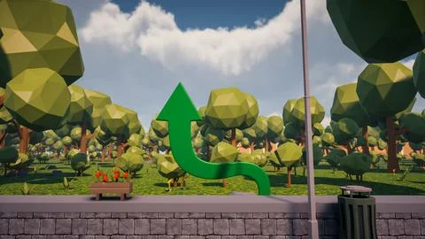 3D Render low Polygon a green arrow for showing a direction with environmen.. Illustrazione stock