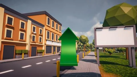 3D Render low Polygon a green arrow for showing a direction with environmen.. Illustrazione stock