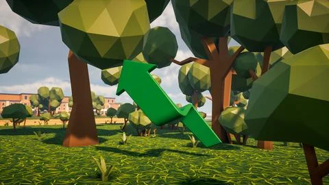 3D Render low Polygon a green arrow for showing a direction with environmen.. Illustrazione stock
