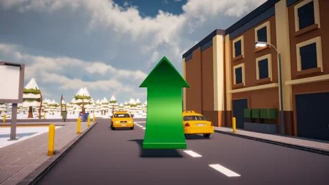 3D Render low Polygon a green arrow for showing a direction with environmen.. Illustrazione stock
