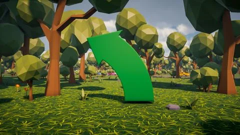 3D Render low Polygon a green arrow for showing a direction with environmen.. Illustrazione stock