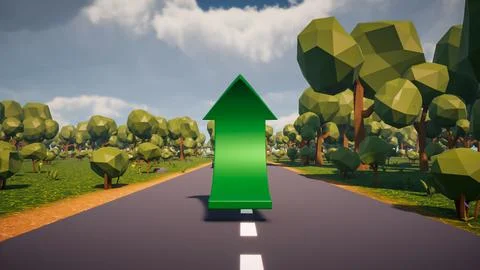 3D Render low Polygon a green arrow for showing a direction with environmen.. Illustrazione stock
