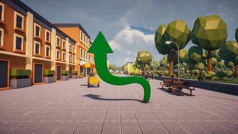 3D Render low Polygon a green arrow for showing a direction with environmen.. Illustrazione stock