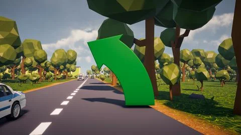 3D Render low Polygon a green arrow for showing a direction with environmen.. Illustrazione stock