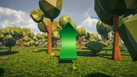 3D Render low Polygon a green arrow for showing a direction with environmen.. Illustrazione stock