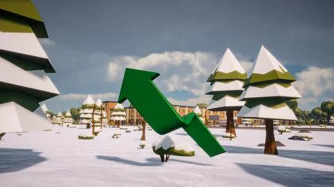 3D Render low Polygon a green arrow for showing a direction with environmen.. Illustrazione stock