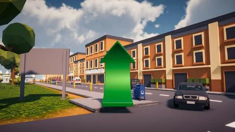 3D Render low Polygon a green arrow for showing a direction with environmen.. Illustrazione stock