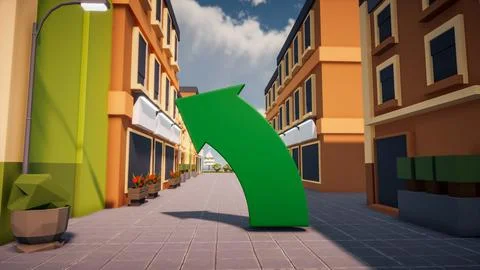 3D Render low Polygon a green arrow for showing a direction with environmen.. Illustrazione stock