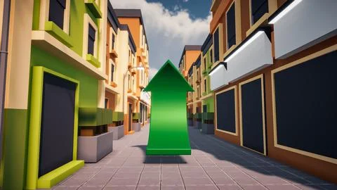3D Render low Polygon a green arrow for showing a direction with environmen.. Illustrazione stock