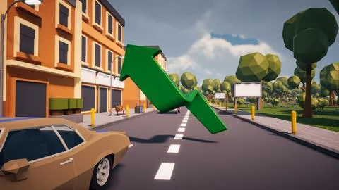 3D Render low Polygon a green arrow for showing a direction with environmen.. Illustrazione stock