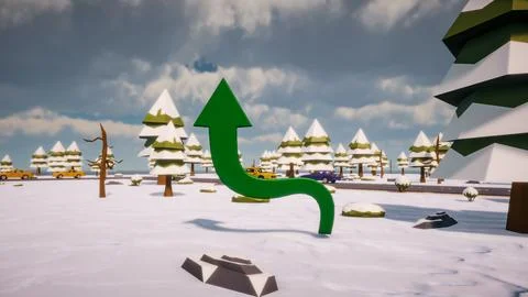 3D Render low Polygon a green arrow for showing a direction with environmen.. Illustrazione stock