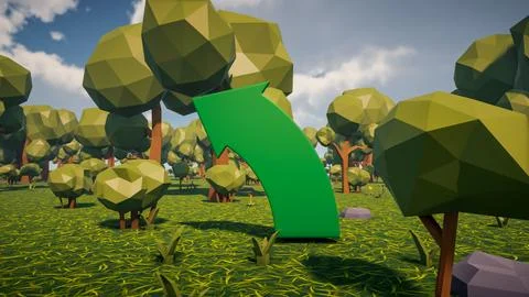 3D Render low Polygon a green arrow for showing a direction with environmen.. Illustrazione stock