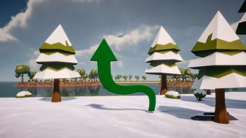 3D Render low Polygon a green arrow for showing a direction with environmen.. Illustrazione stock