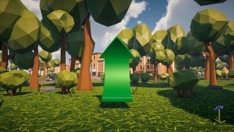 3D Render low Polygon a green arrow for showing a direction with environmen.. Illustrazione stock