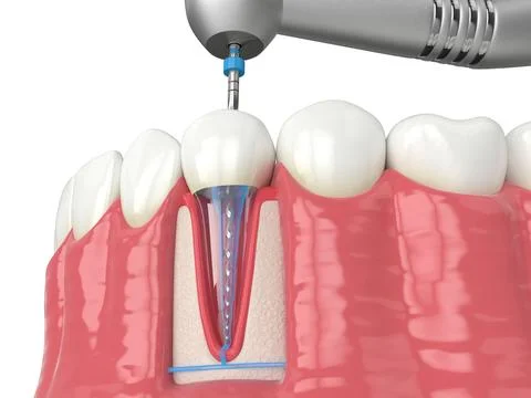 3d render of lower jaw with handpiece and endodontic rotary file over white.. Stock Illustration