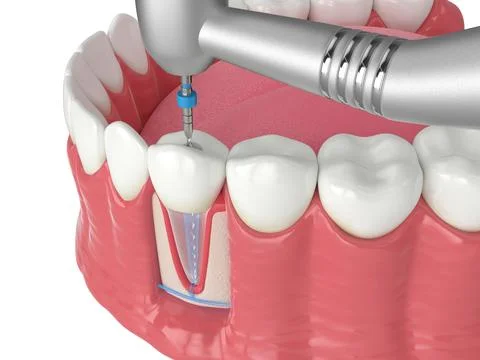 3d render of lower jaw with handpiece and endodontic rotary file over white.. Stock Illustration