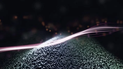 3D Render A luminous, wavy pinkish-purple ribbon glides across a textured Stock-Footage 340297486
