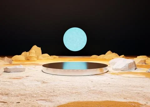 3d render of lunar Moon light product presentation stage on sandy surface with r Ilustração Stock
