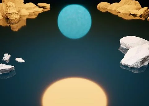 3d render of lunar Moon metal product presentation stage on water surface and ro Stock Illustration